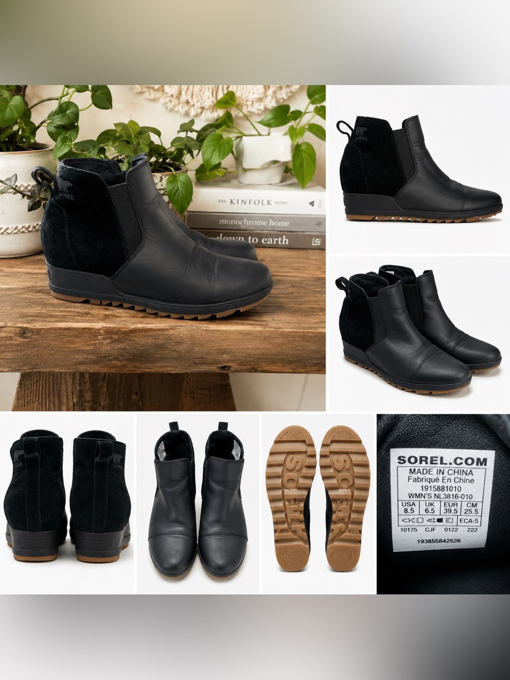Sorel Evie Pull-On Waterproof Leather Suede Wedge Ankle Boots Black 8.5